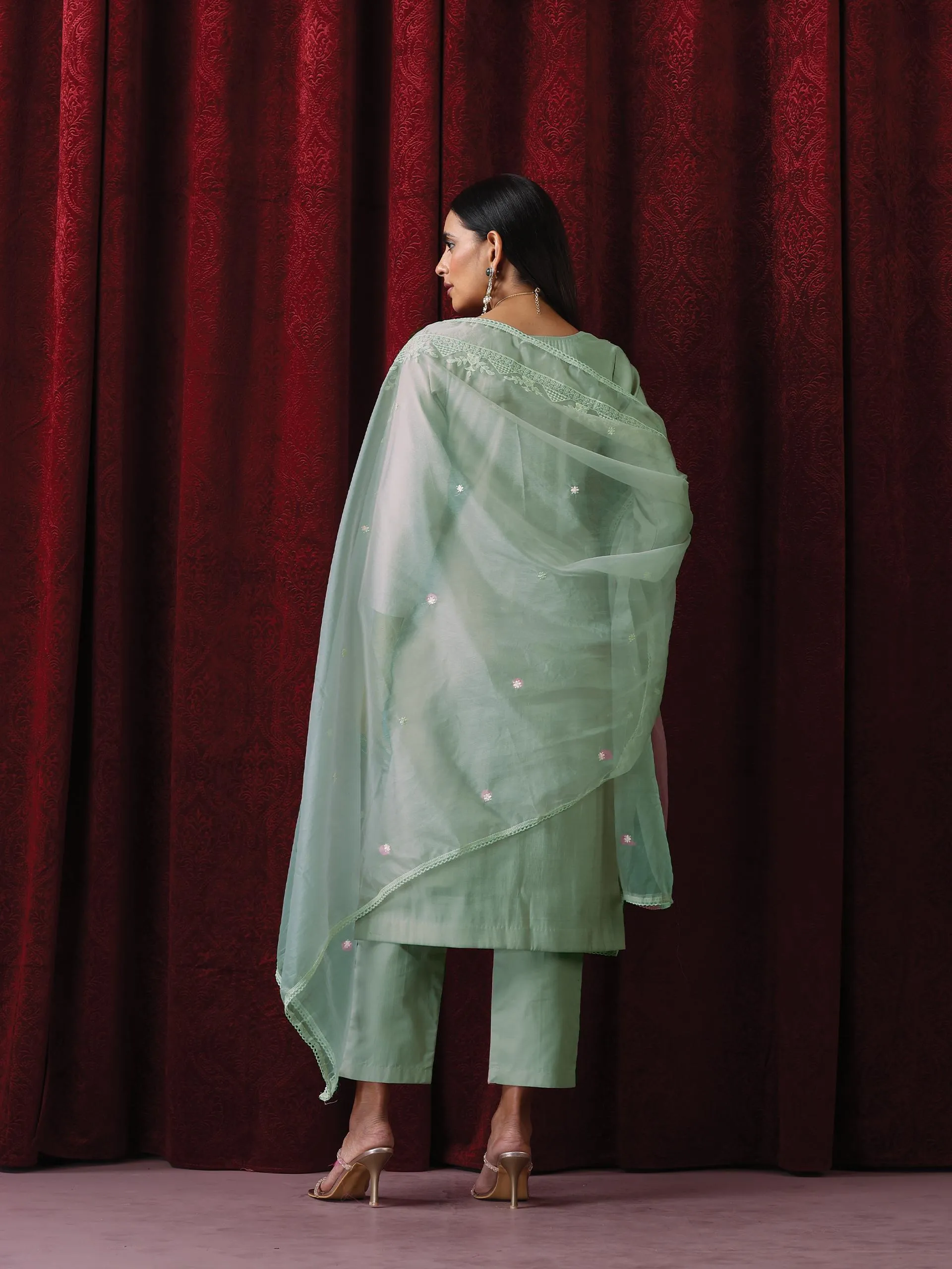 3 Pc Suit - Sage Green Cotton Silk Embroidered Kurta with Cotton Pant and Chanderi Embroidered Dupatta