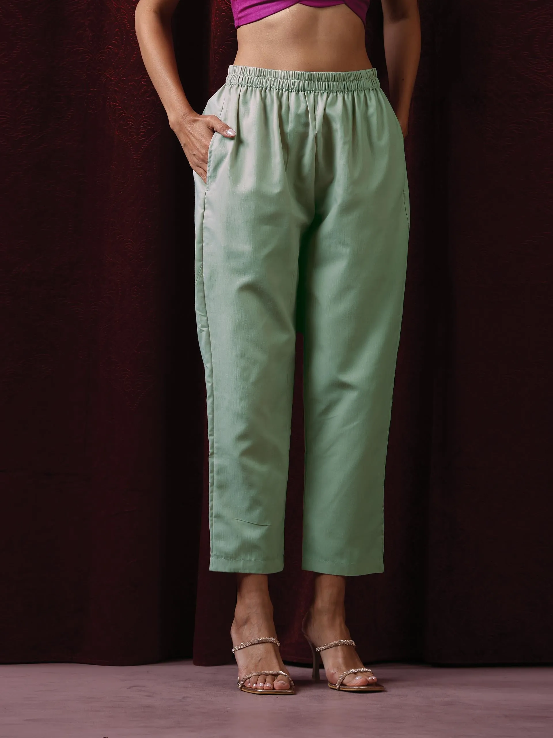 3 Pc Suit - Sage Green Cotton Silk Embroidered Kurta with Cotton Pant and Chanderi Embroidered Dupatta