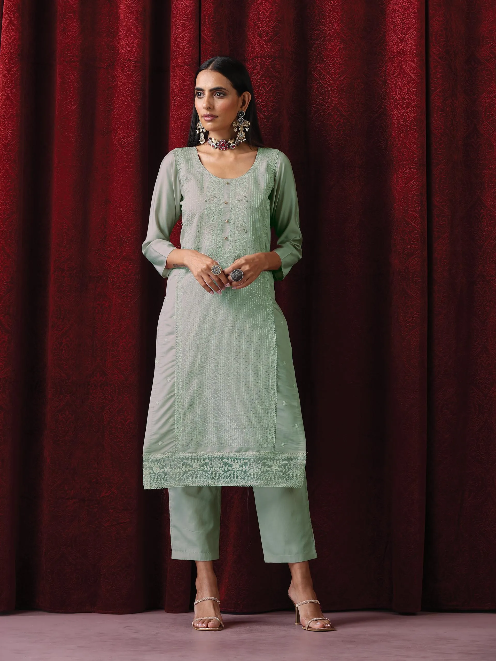 3 Pc Suit - Sage Green Cotton Silk Embroidered Kurta with Cotton Pant and Chanderi Embroidered Dupatta