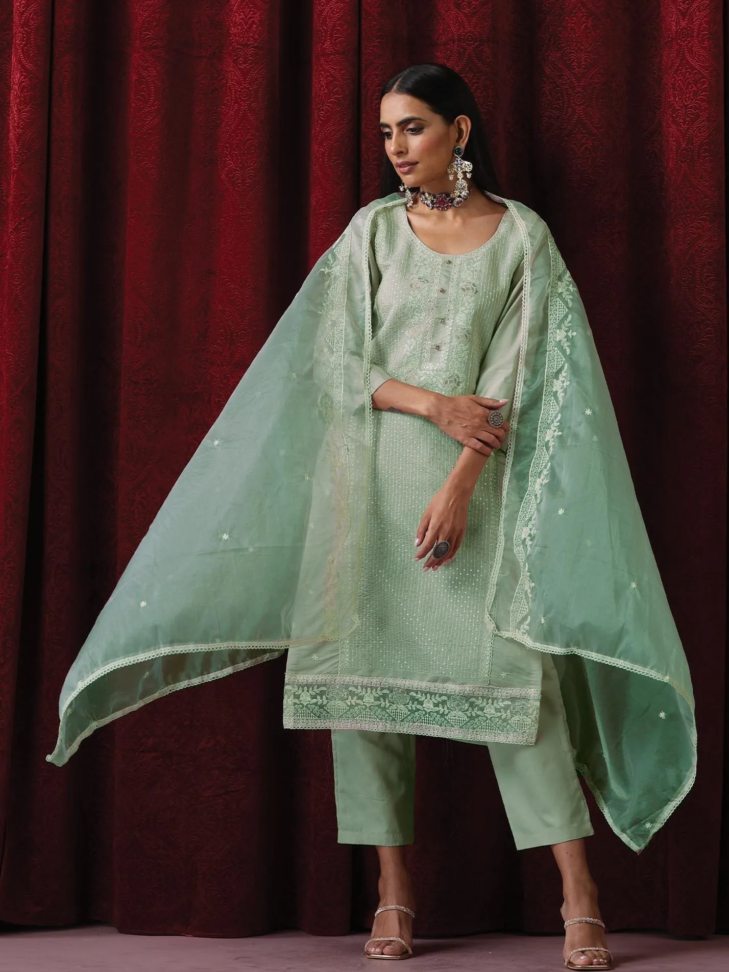 3 Pc Suit - Sage Green Cotton Silk Embroidered Kurta with Cotton Pant and Chanderi Embroidered Dupatta