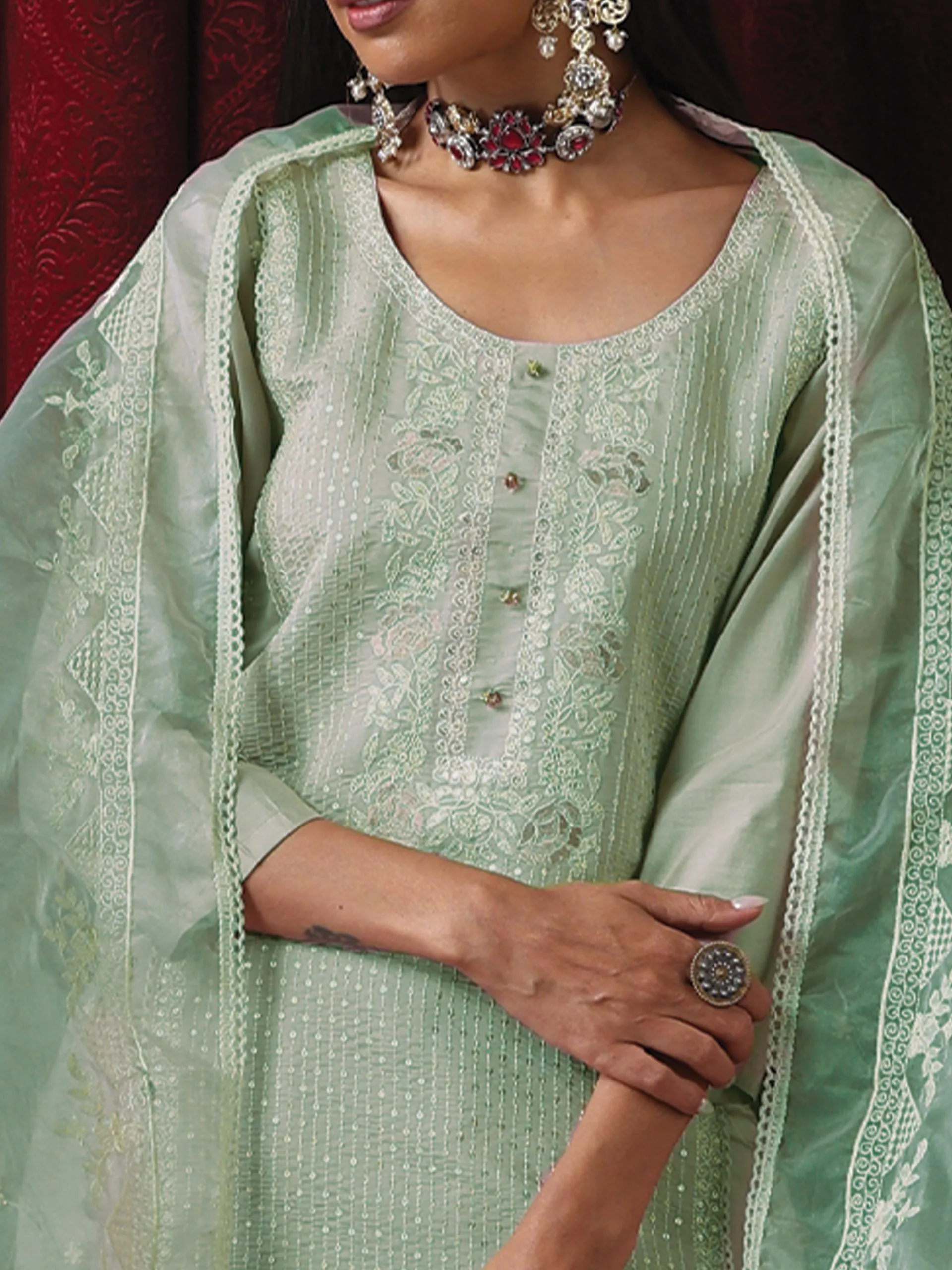 3 Pc Suit - Sage Green Cotton Silk Embroidered Kurta with Cotton Pant and Chanderi Embroidered Dupatta
