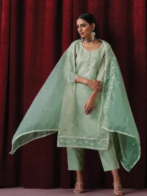 3 Pc Suit - Sage Green Cotton Silk Embroidered Kurta with Cotton Pant and Chanderi Embroidered Dupatta