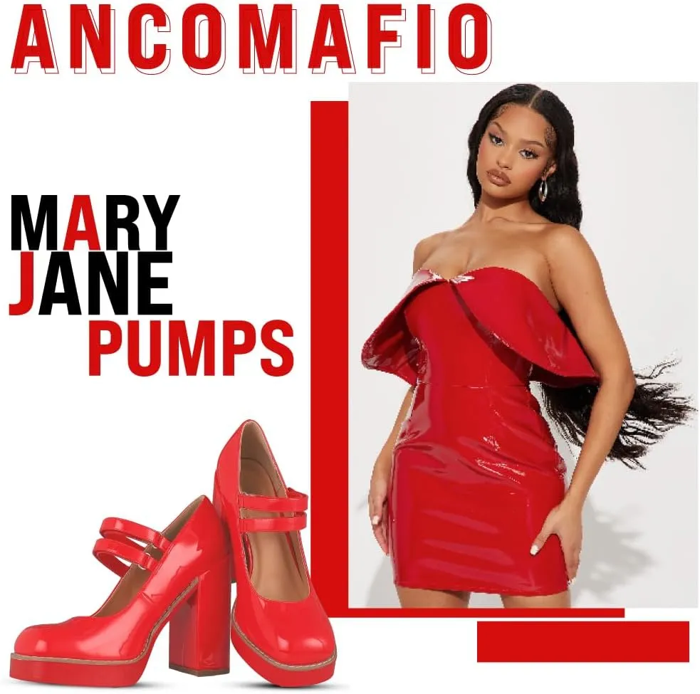 Ancomafio Womens Mary Janes Square Toe Platform Heels Chunky Heeled Pumps Twice Loafer Ankle Strap Mary Janes Shoes
