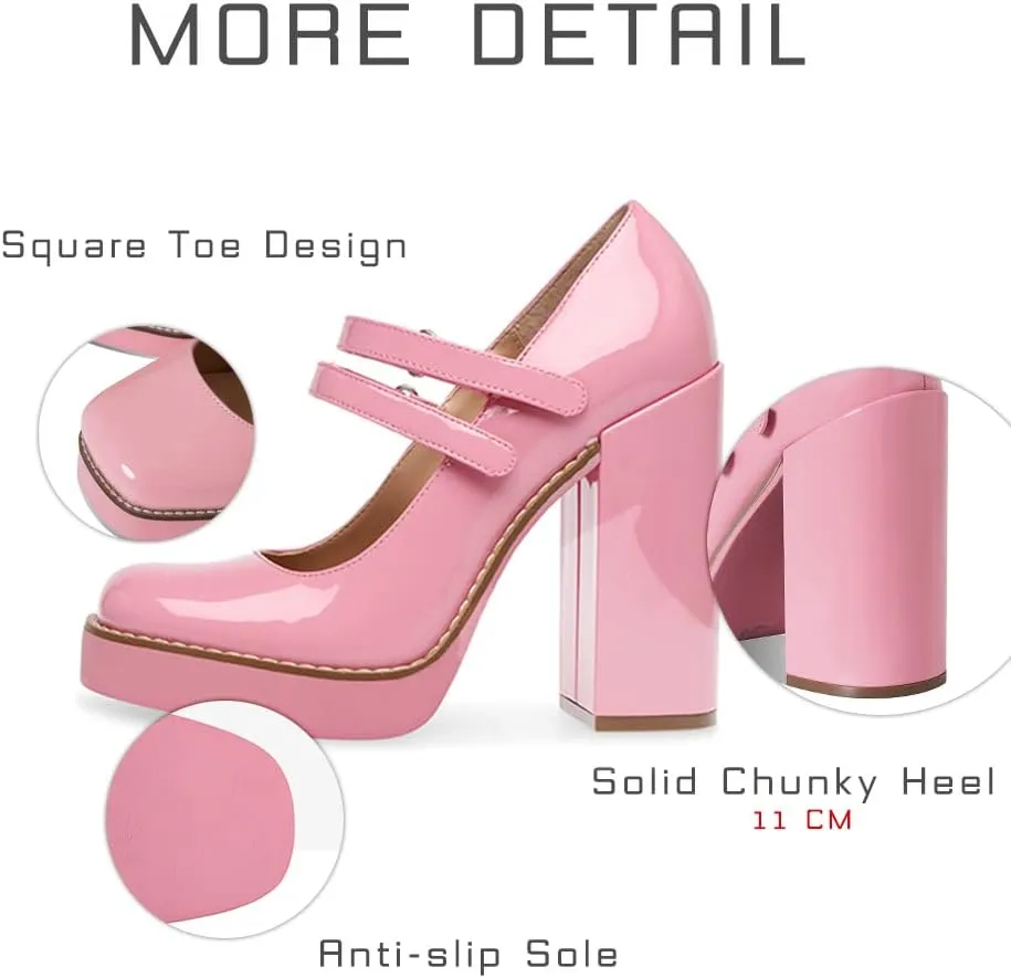 Ancomafio Womens Mary Janes Square Toe Platform Heels Chunky Heeled Pumps Twice Loafer Ankle Strap Mary Janes Shoes