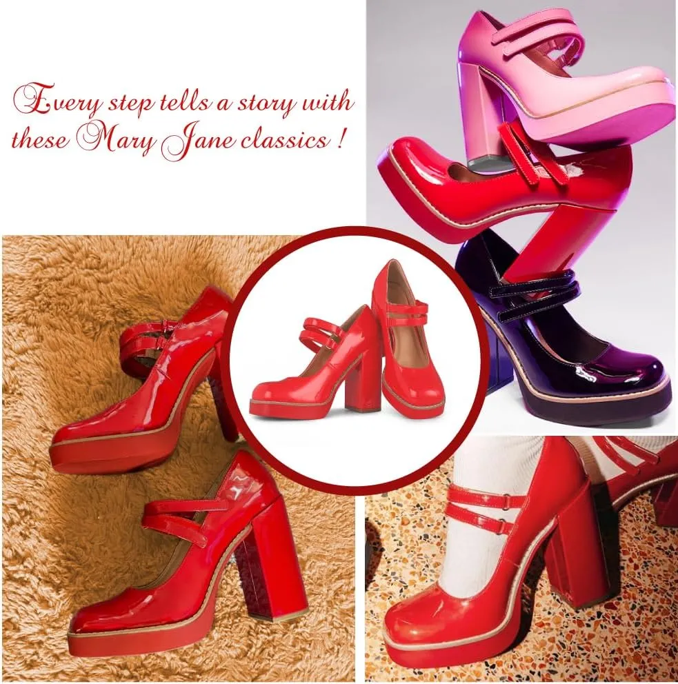 Ancomafio Womens Mary Janes Square Toe Platform Heels Chunky Heeled Pumps Twice Loafer Ankle Strap Mary Janes Shoes