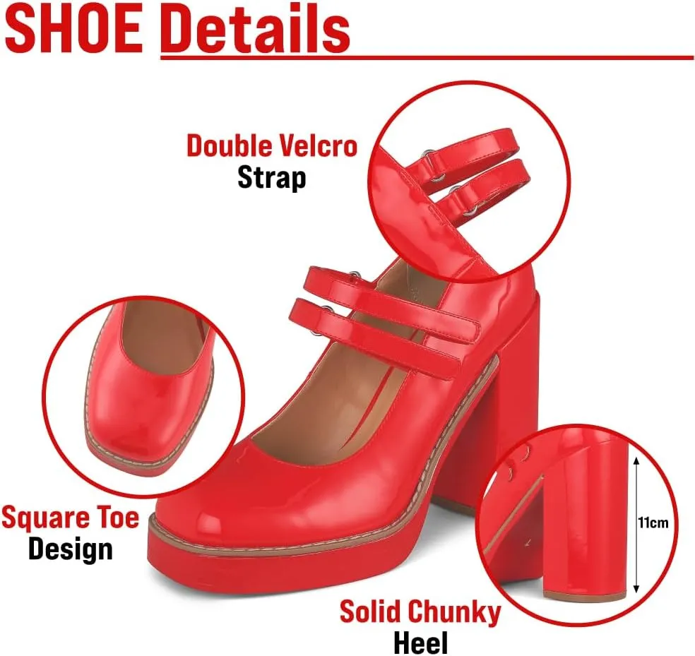Ancomafio Womens Mary Janes Square Toe Platform Heels Chunky Heeled Pumps Twice Loafer Ankle Strap Mary Janes Shoes