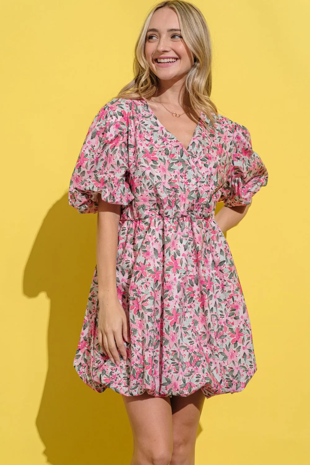 AND THE WHY Full Size Floral Surplice Puff Sleeve Dress
