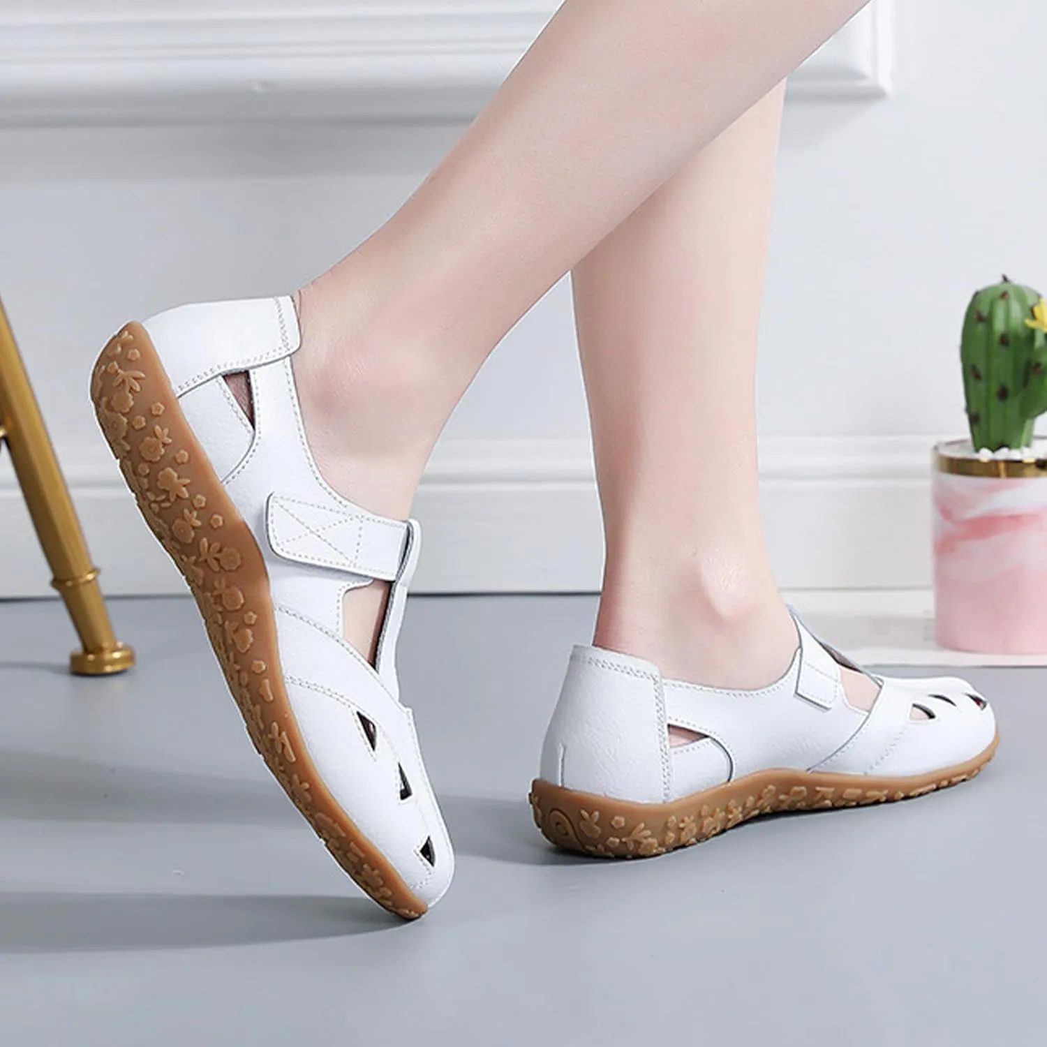 AngryMonkey Women's Leather Boho Gladiator Sandals,Comfort Softsole Closed Toe Adjustable Ankle Strap Casual Hollow Beach Shoes