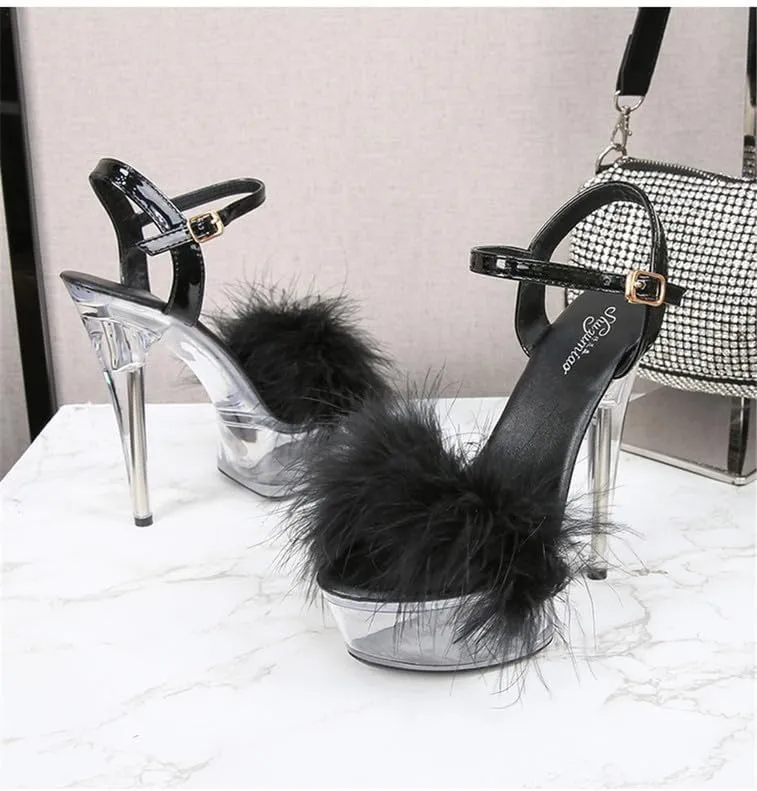 Ankle Strap Clear Platform Furry Sandals Heels Stiletto