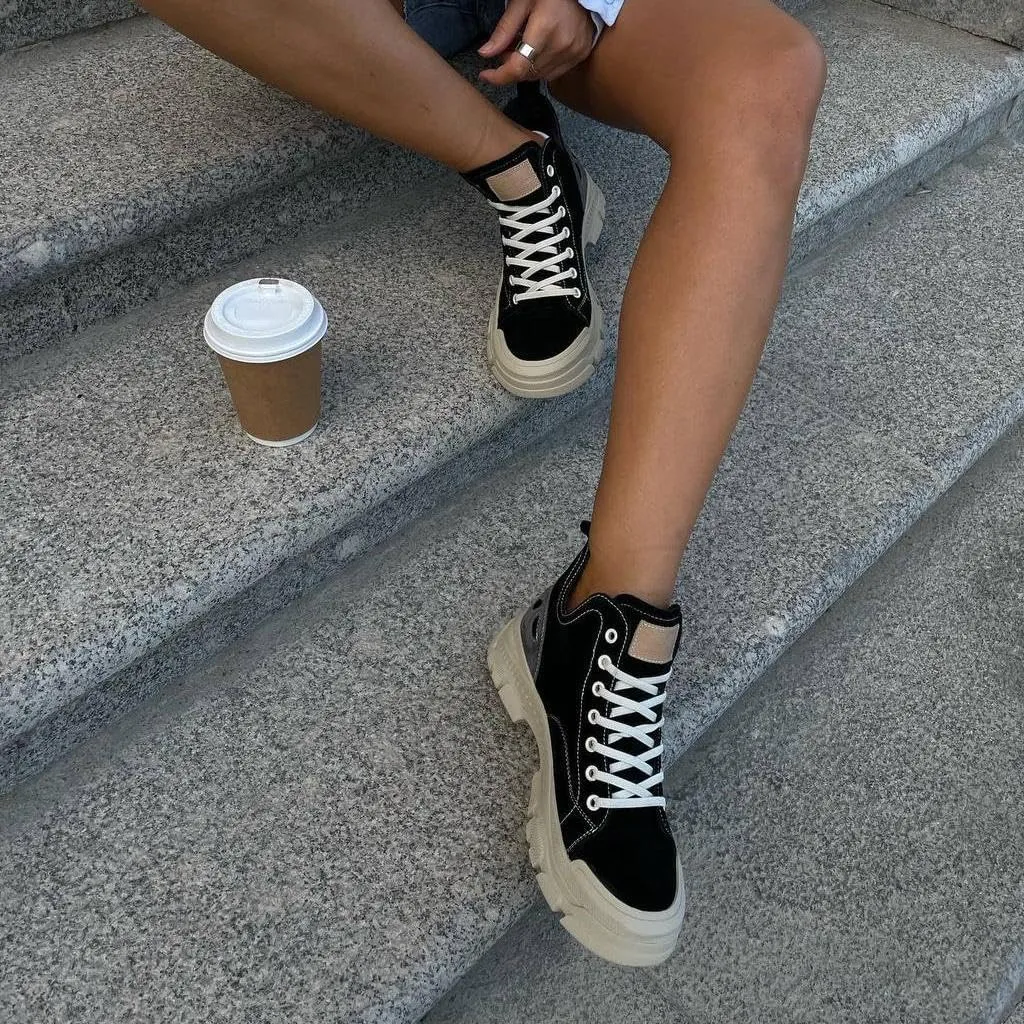 BEAU TODAY Womens Flat Sneakers, Retro Comfortable Lace-up Fashion Sneakers for Women, Buckle Decoration Casual Leather Walking Shoes