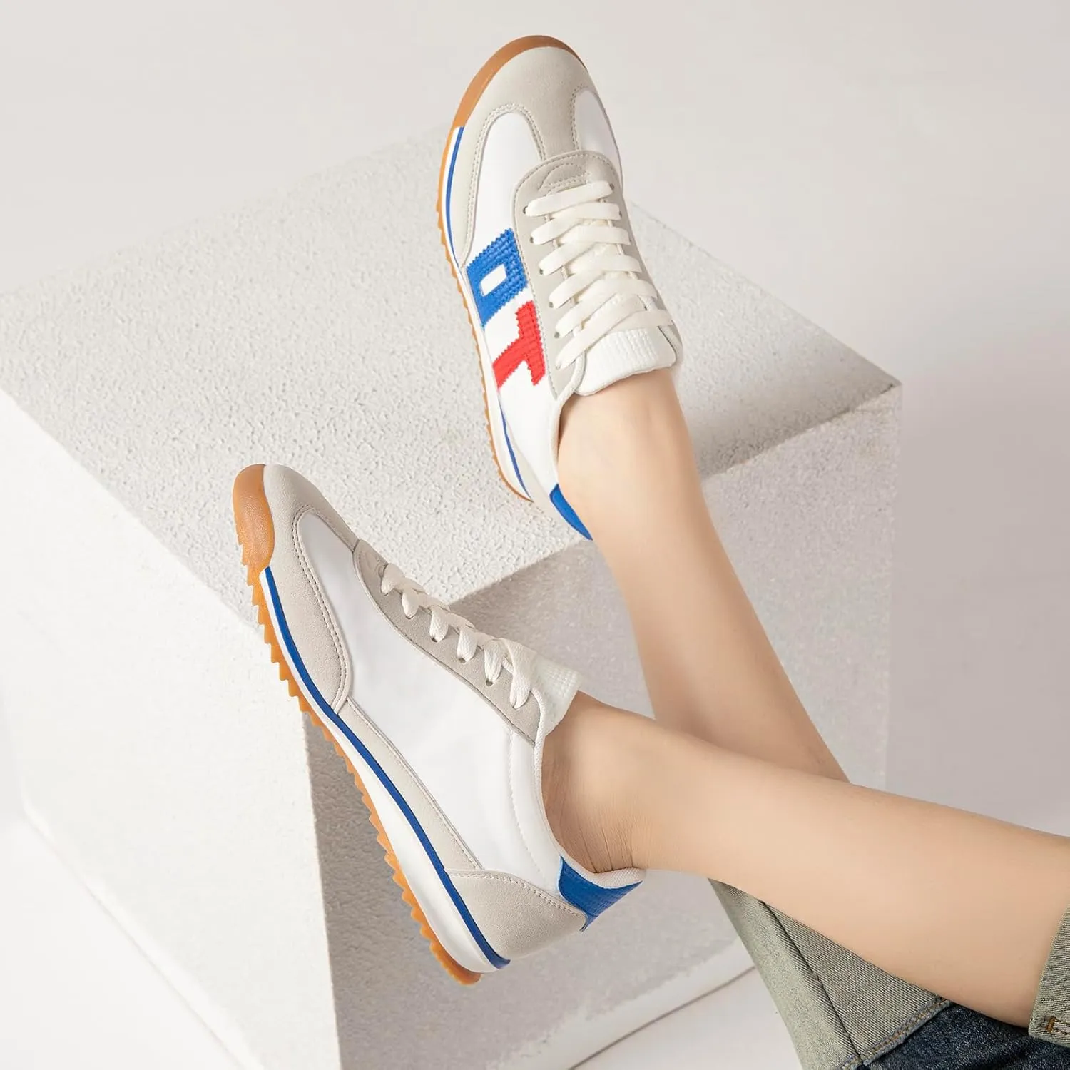 Bernal Women's Fashion Sneakers Non-Slip Lace-Up Walking Shoes Fabric Suede Patchwork Running Tennis Shoes Comfortable Breathable Workout Gym Sports