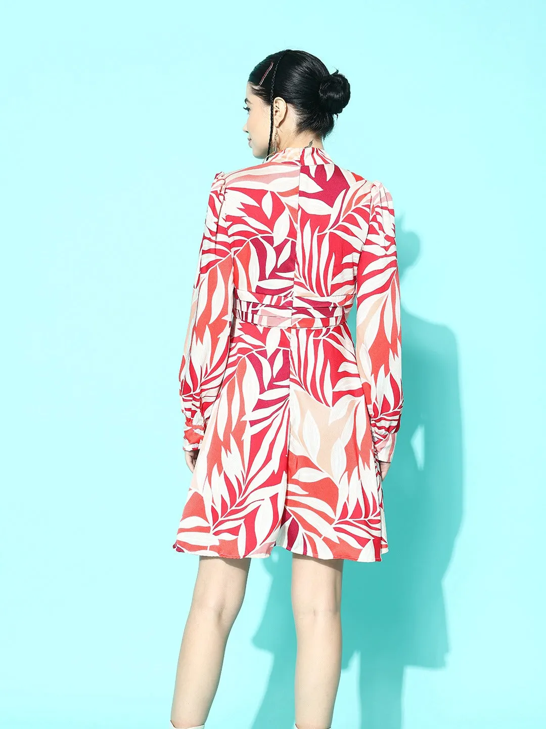 Berrylush Women Pink & White Tropical Printed High-Neck Cuff Sleeves Front Cutout Satin Flared A-Line Mini Dress