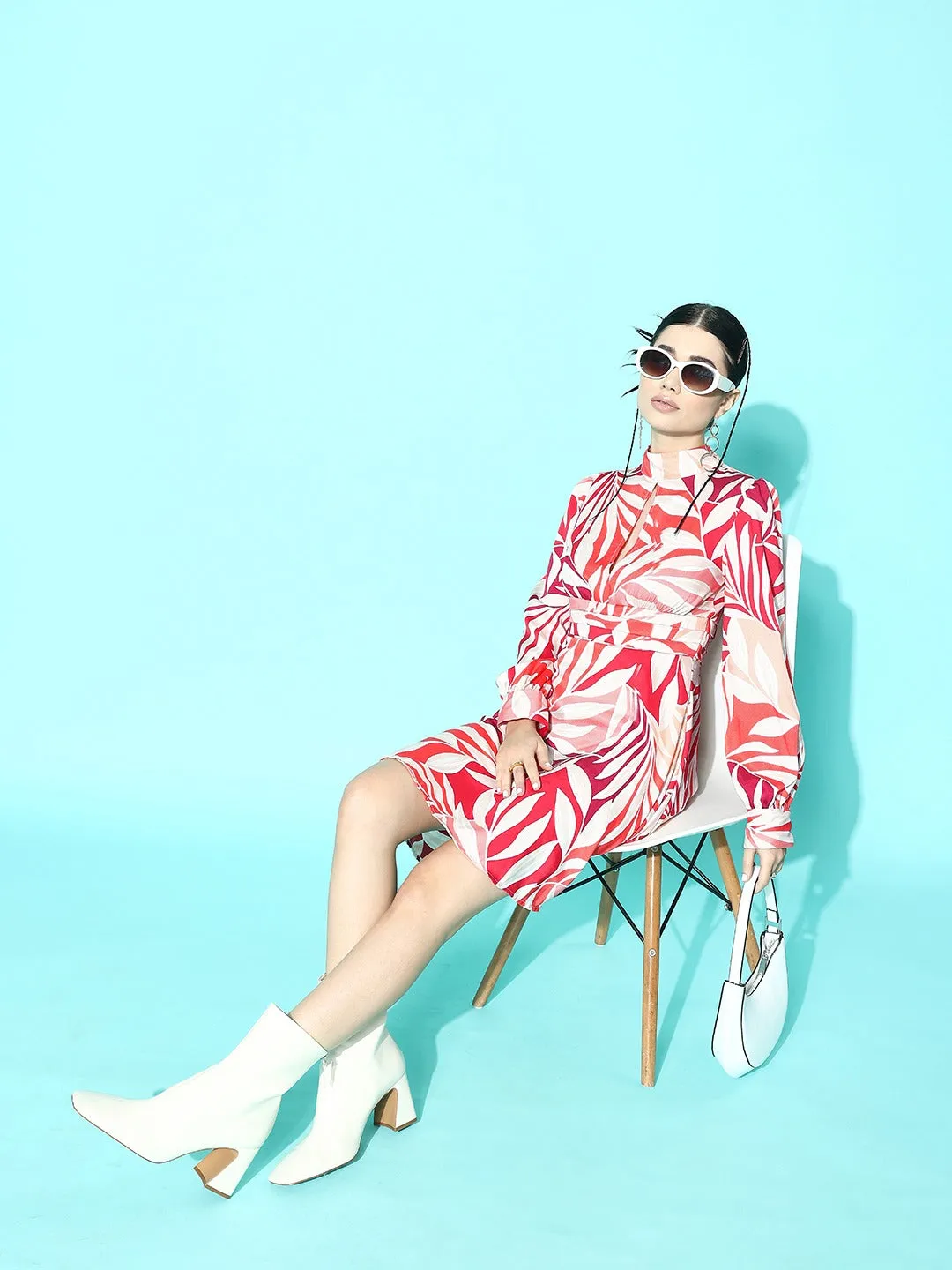 Berrylush Women Pink & White Tropical Printed High-Neck Cuff Sleeves Front Cutout Satin Flared A-Line Mini Dress