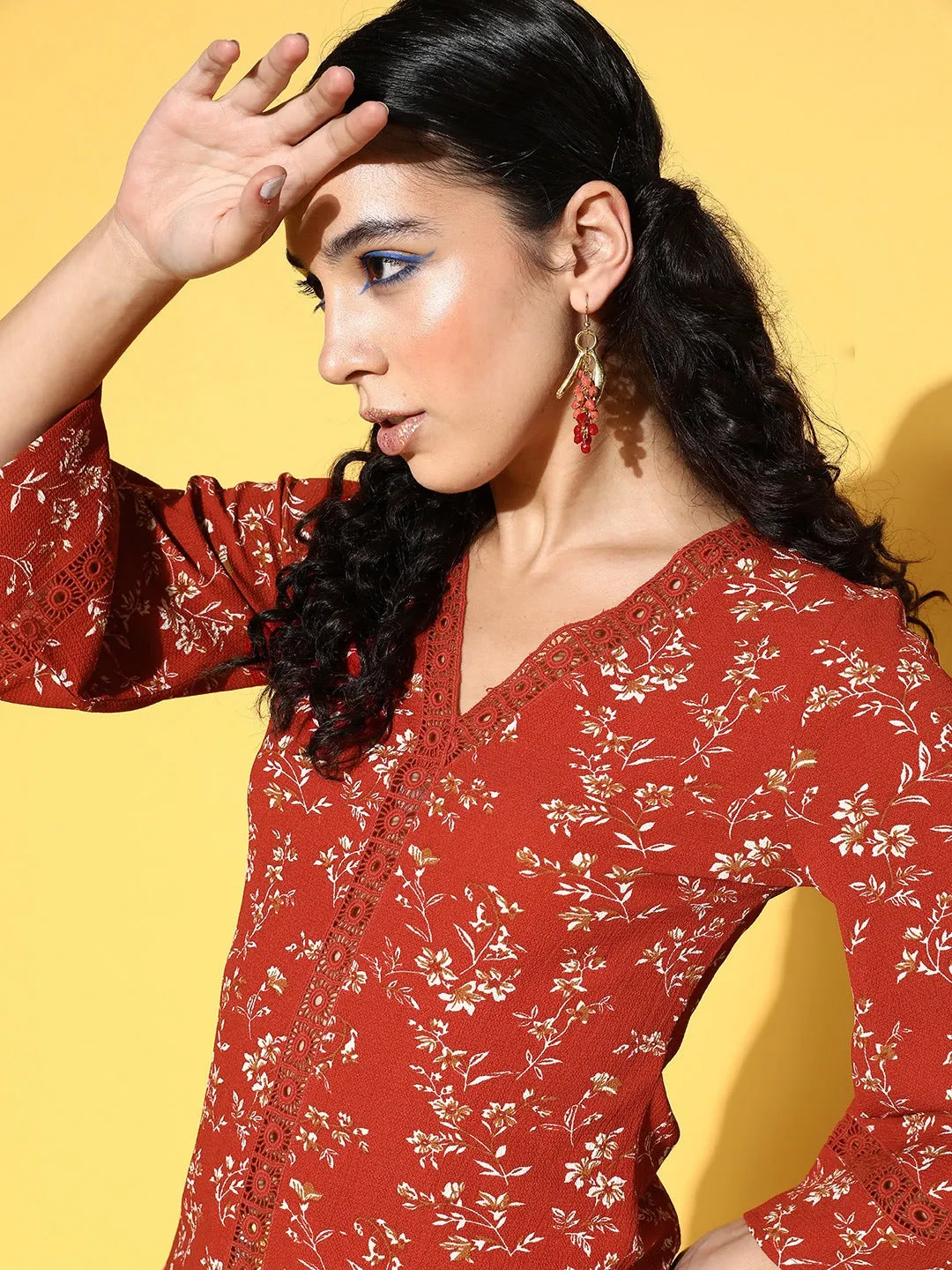 Berrylush Women Red & Off-White Floral Printed V-Neck Three-Quarter Sleeve Laced Regular Top