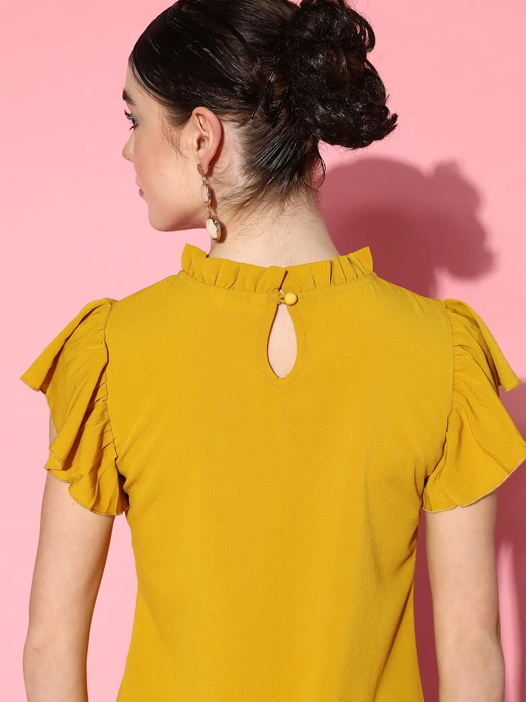 Berrylush Women Solid Yellow High Neck Flutter Sleeves Button-Up Crepe Regular Top