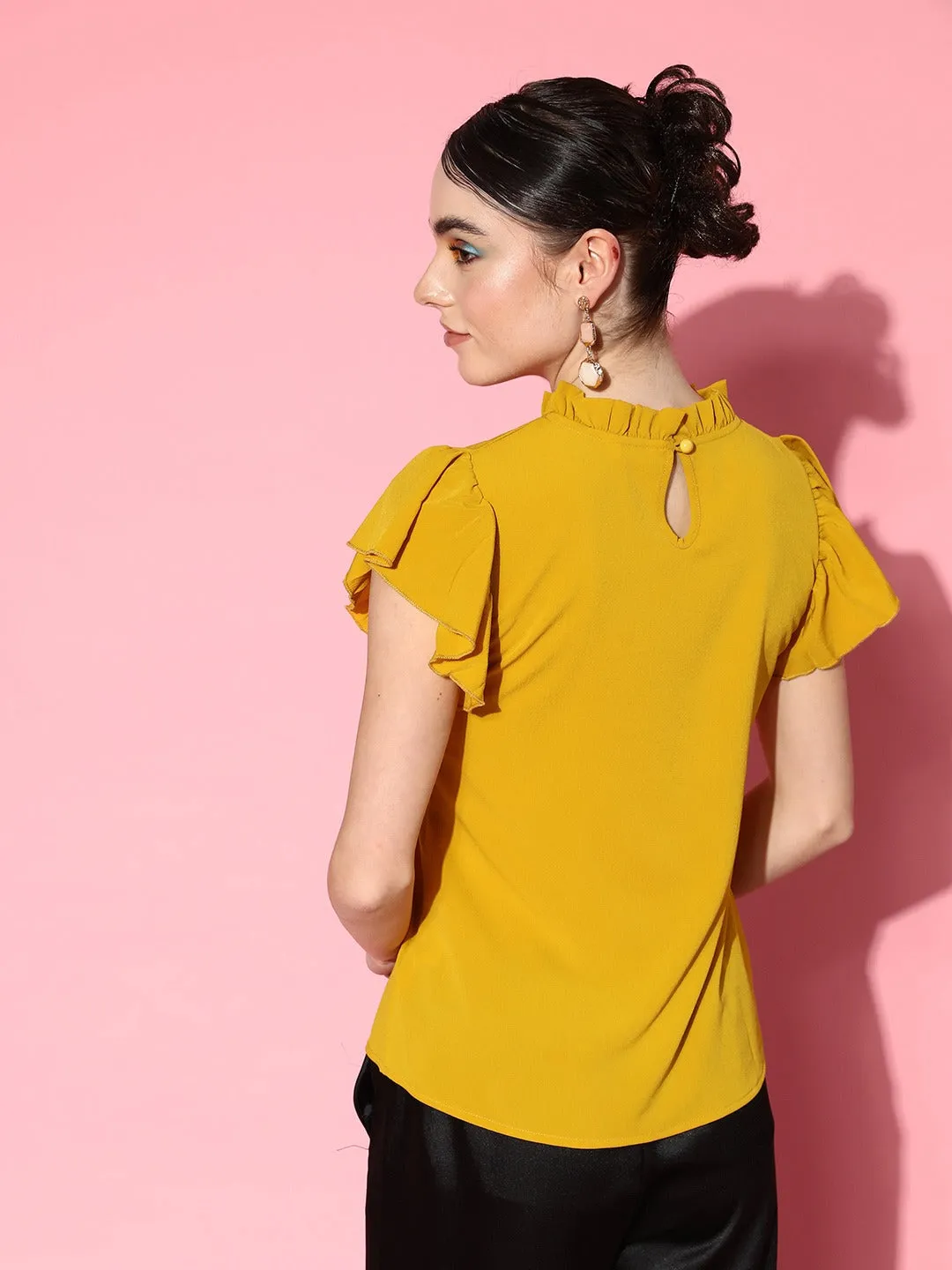 Berrylush Women Solid Yellow High Neck Flutter Sleeves Button-Up Crepe Regular Top