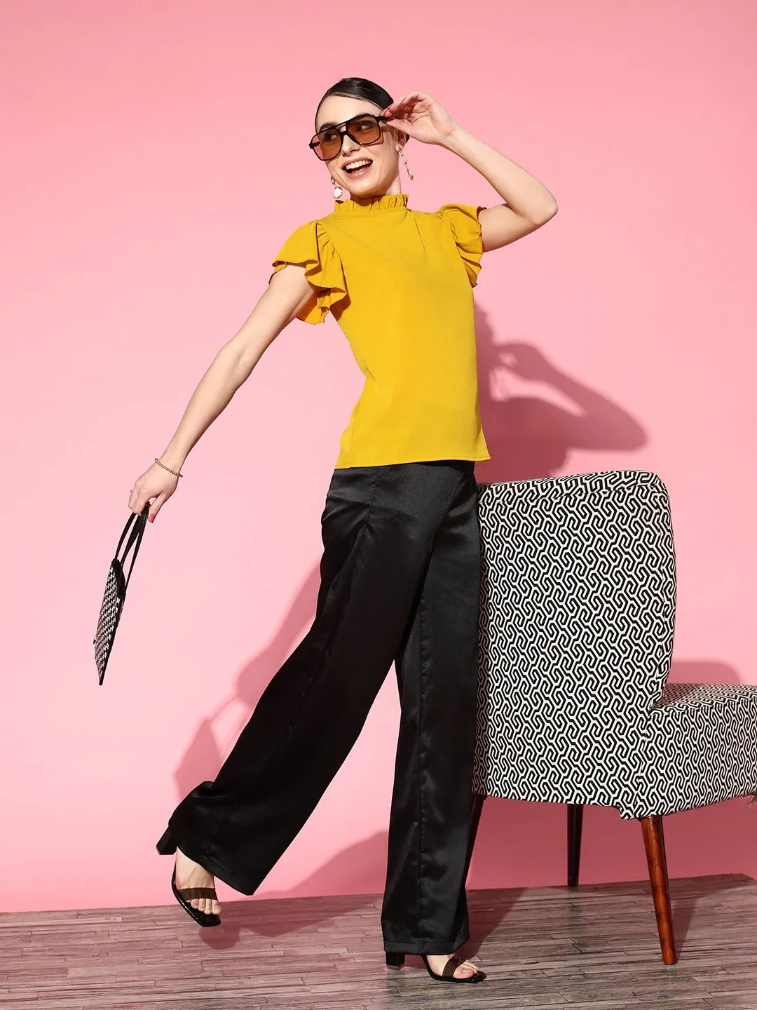 Berrylush Women Solid Yellow High Neck Flutter Sleeves Button-Up Crepe Regular Top
