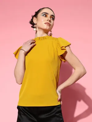 Berrylush Women Solid Yellow High Neck Flutter Sleeves Button-Up Crepe Regular Top