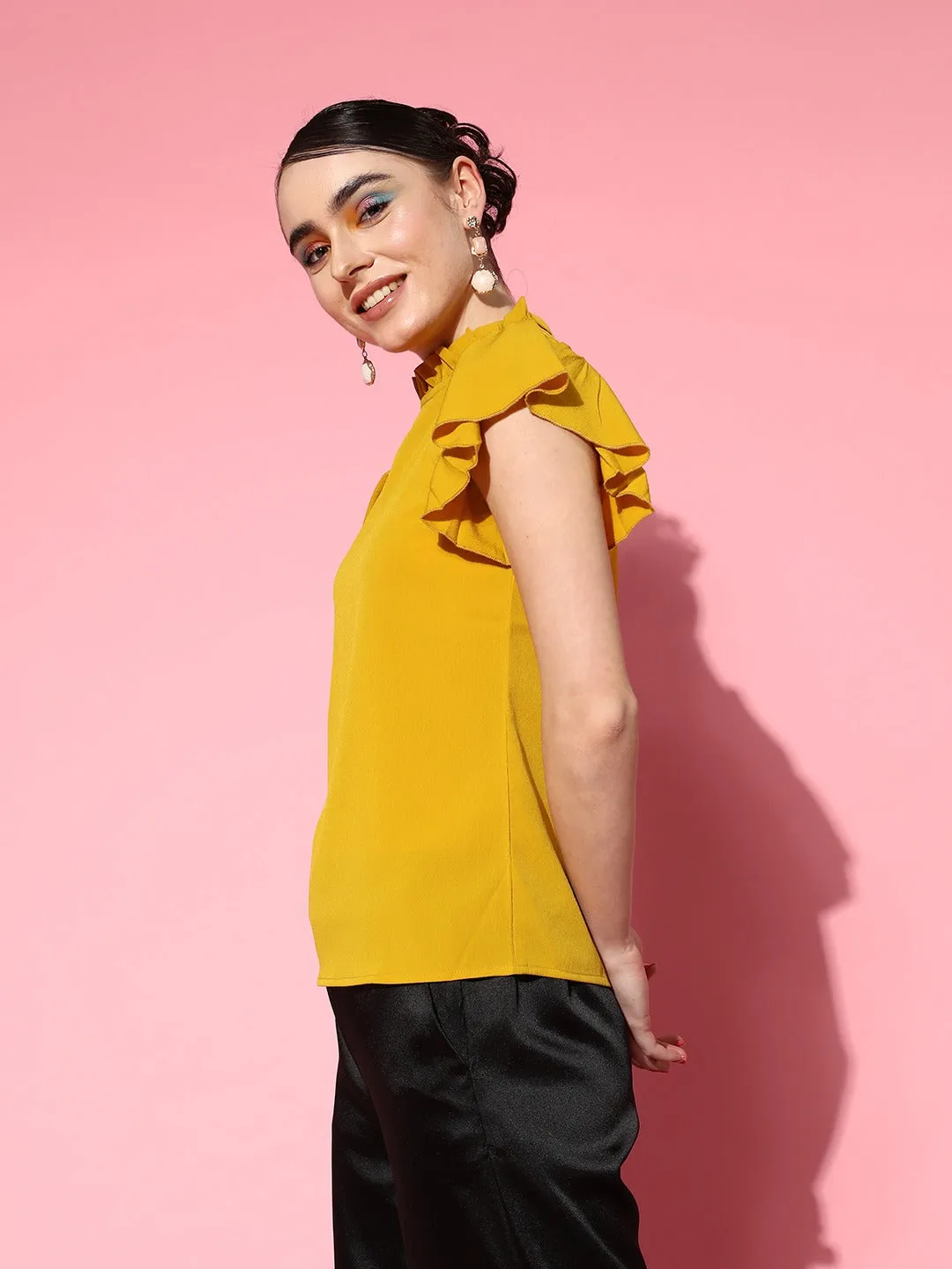 Berrylush Women Solid Yellow High Neck Flutter Sleeves Button-Up Crepe Regular Top