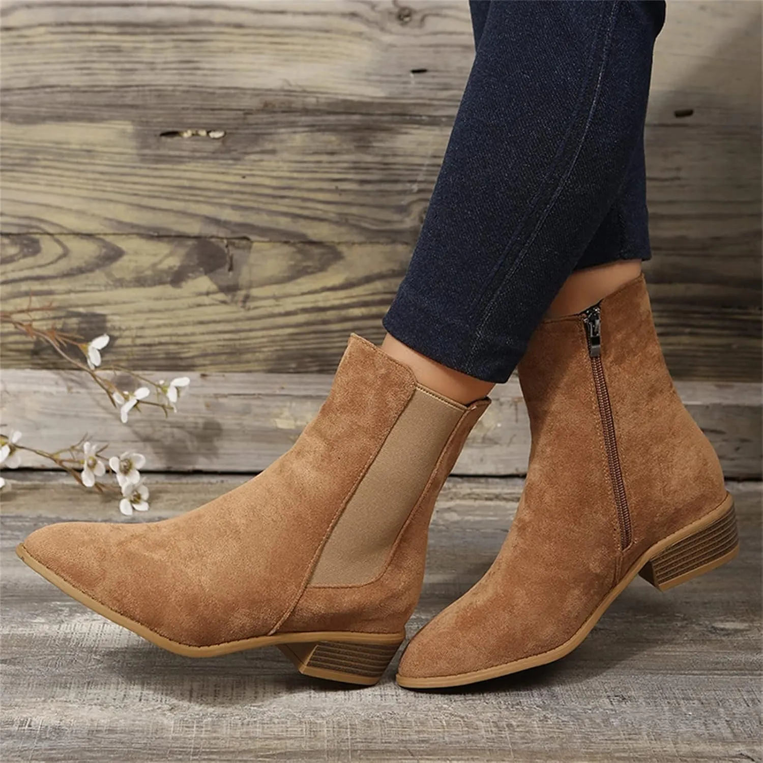 Boots for Women Ankle Heeled Booties for Women Womens Suede Ankle Boots Work Boot Shoe Laces Men Closed Head Cute Cozy Pointed Toe Stacked Mid Heel
