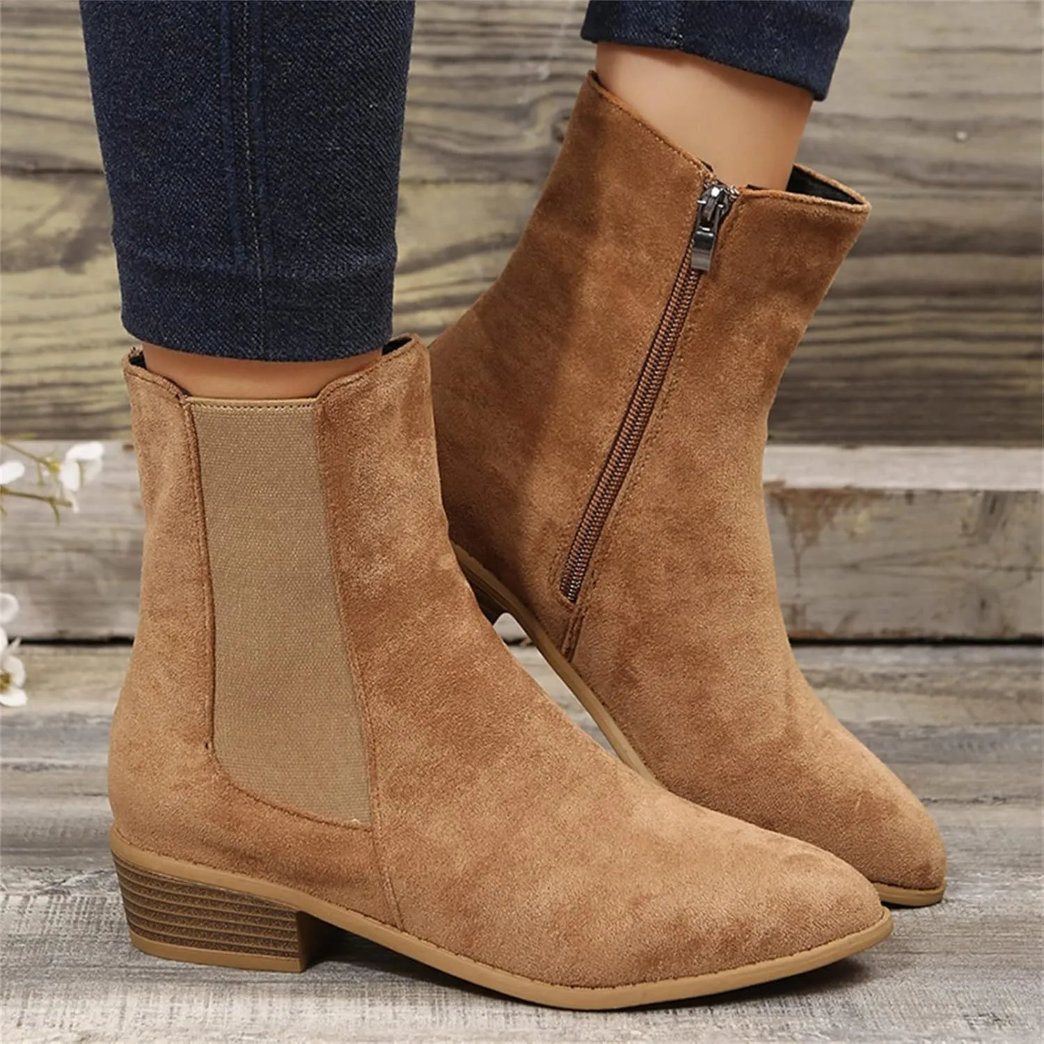 Boots for Women Ankle Heeled Booties for Women Womens Suede Ankle Boots Work Boot Shoe Laces Men Closed Head Cute Cozy Pointed Toe Stacked Mid Heel