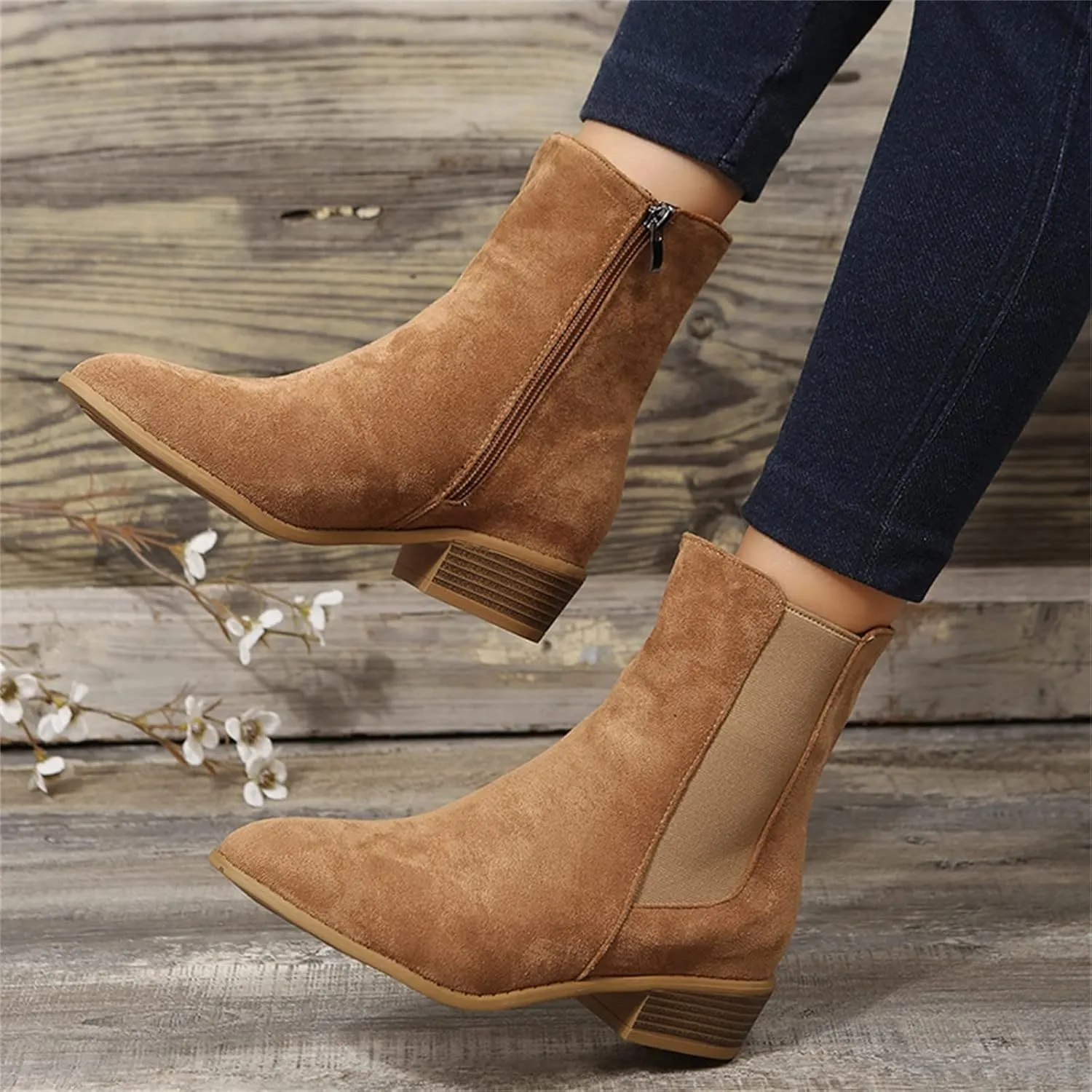 Boots for Women Ankle Heeled Booties for Women Womens Suede Ankle Boots Work Boot Shoe Laces Men Closed Head Cute Cozy Pointed Toe Stacked Mid Heel