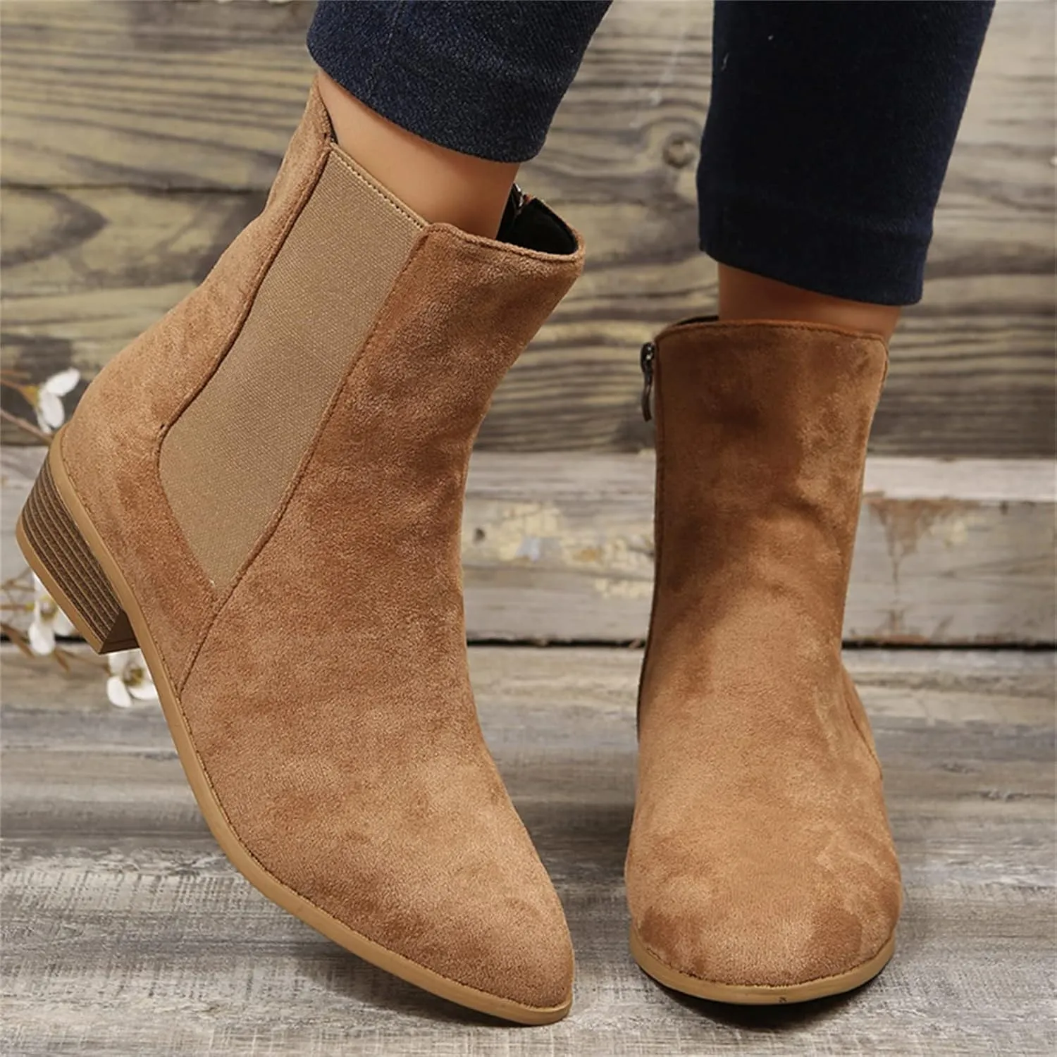 Boots for Women Ankle Heeled Booties for Women Womens Suede Ankle Boots Work Boot Shoe Laces Men Closed Head Cute Cozy Pointed Toe Stacked Mid Heel