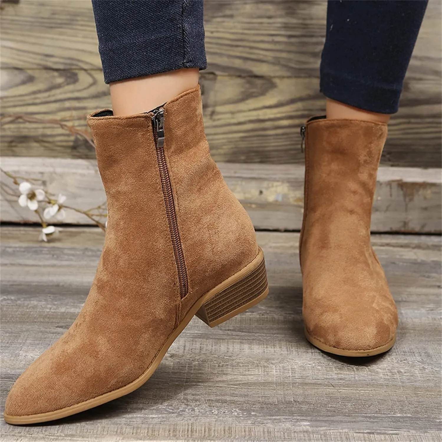 Boots for Women Ankle Heeled Booties for Women Womens Suede Ankle Boots Work Boot Shoe Laces Men Closed Head Cute Cozy Pointed Toe Stacked Mid Heel