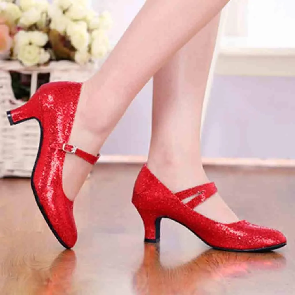 CsgrFagr Mid-High Heels Glitter Dance Shoes Women Ballroom Latin Tango Dance Shoes Platform Sandals for Women Chunky Heel (Red, 6)