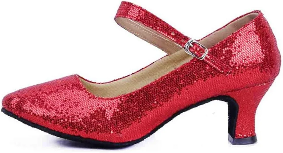 CsgrFagr Mid-High Heels Glitter Dance Shoes Women Ballroom Latin Tango Dance Shoes Platform Sandals for Women Chunky Heel (Red, 6)