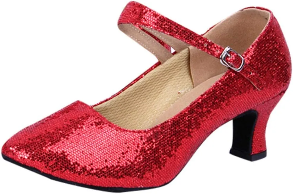 CsgrFagr Mid-High Heels Glitter Dance Shoes Women Ballroom Latin Tango Dance Shoes Platform Sandals for Women Chunky Heel (Red, 6)