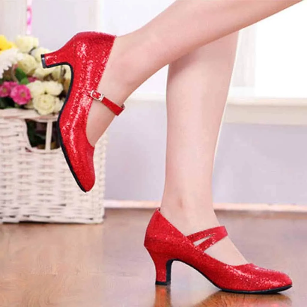 CsgrFagr Mid-High Heels Glitter Dance Shoes Women Ballroom Latin Tango Dance Shoes Platform Sandals for Women Chunky Heel (Red, 6)