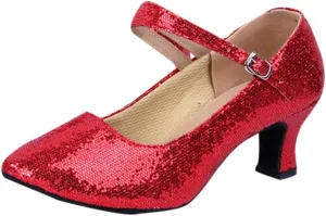 CsgrFagr Mid-High Heels Glitter Dance Shoes Women Ballroom Latin Tango Dance Shoes Platform Sandals for Women Chunky Heel (Red, 6)