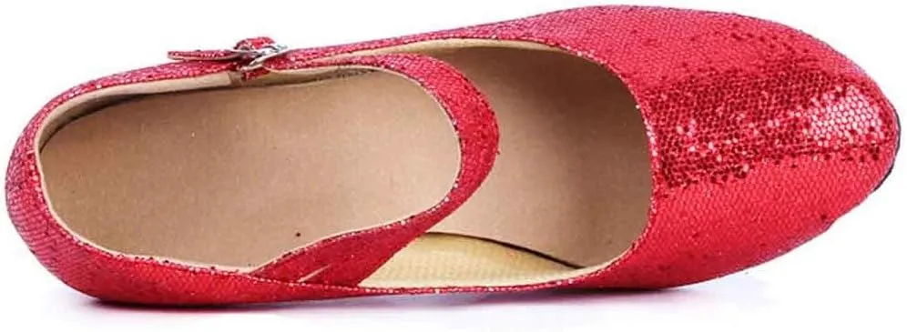 CsgrFagr Mid-High Heels Glitter Dance Shoes Women Ballroom Latin Tango Dance Shoes Platform Sandals for Women Chunky Heel (Red, 6)