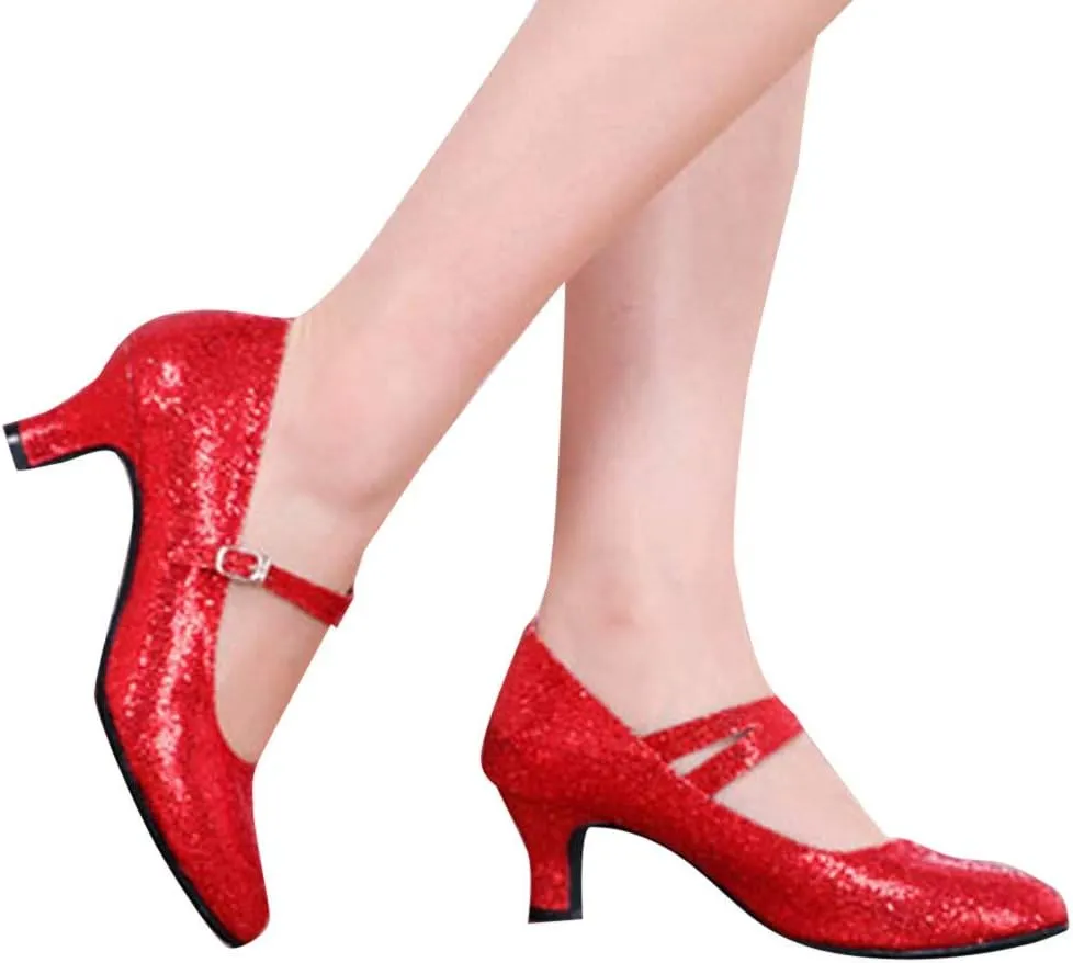 CsgrFagr Mid-High Heels Glitter Dance Shoes Women Ballroom Latin Tango Dance Shoes Platform Sandals for Women Chunky Heel (Red, 6)