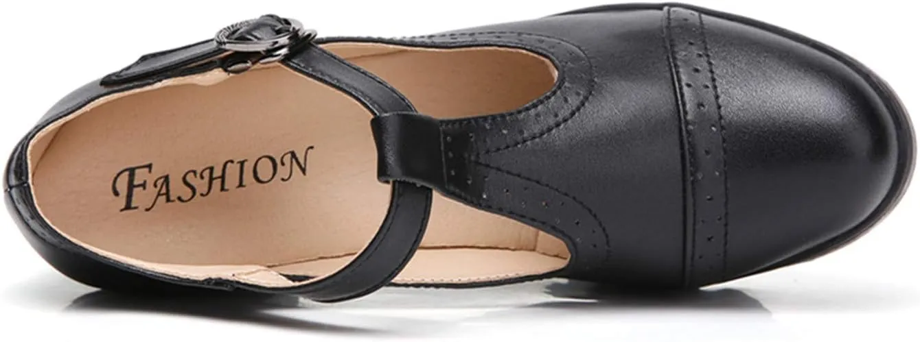 DADAWEN Women's Leather Classic T-Strap Platform Chunky Mid-Heel Mary Jane Square Toe Oxfords Dress Pump Shoes