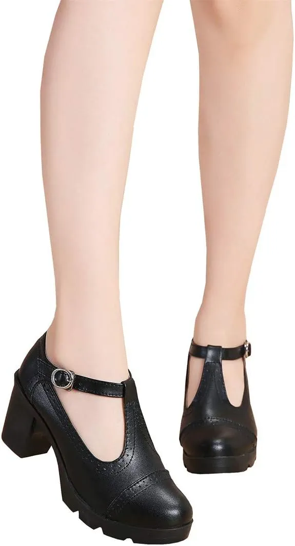 DADAWEN Women's Leather Classic T-Strap Platform Chunky Mid-Heel Mary Jane Square Toe Oxfords Dress Pump Shoes
