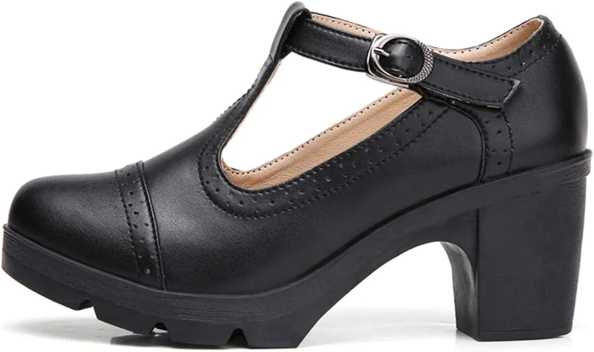 DADAWEN Women's Leather Classic T-Strap Platform Chunky Mid-Heel Mary Jane Square Toe Oxfords Dress Pump Shoes