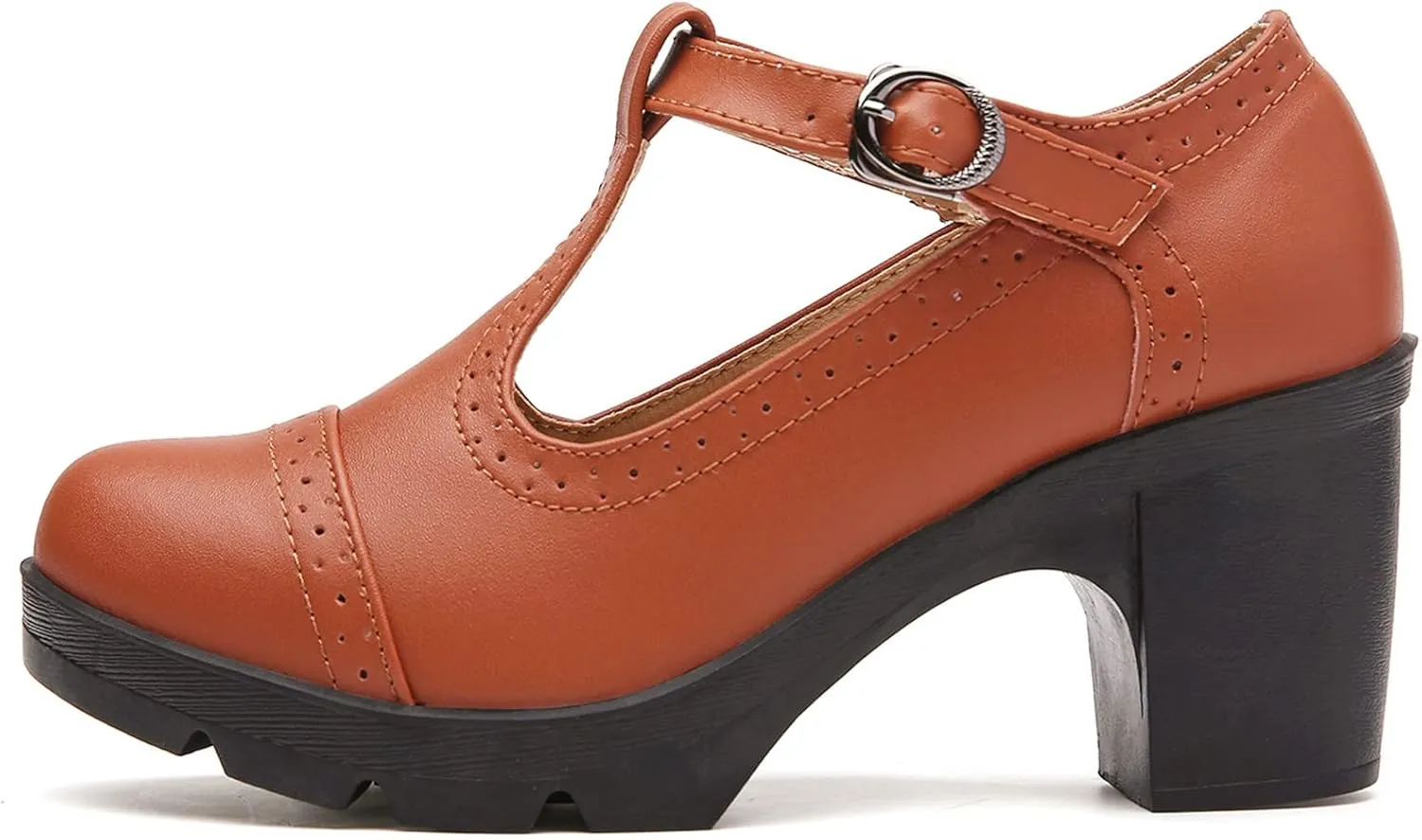 DADAWEN Women's Leather Classic T-Strap Platform Chunky Mid-Heel Mary Jane Square Toe Oxfords Dress Pump Shoes