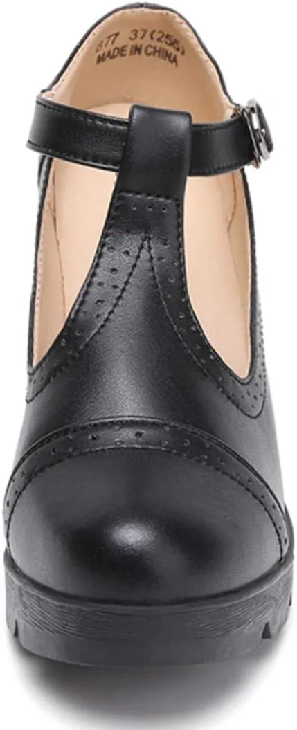 DADAWEN Women's Leather Classic T-Strap Platform Chunky Mid-Heel Mary Jane Square Toe Oxfords Dress Pump Shoes