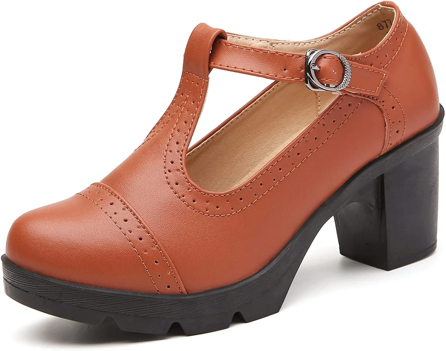 DADAWEN Women's Leather Classic T-Strap Platform Chunky Mid-Heel Mary Jane Square Toe Oxfords Dress Pump Shoes