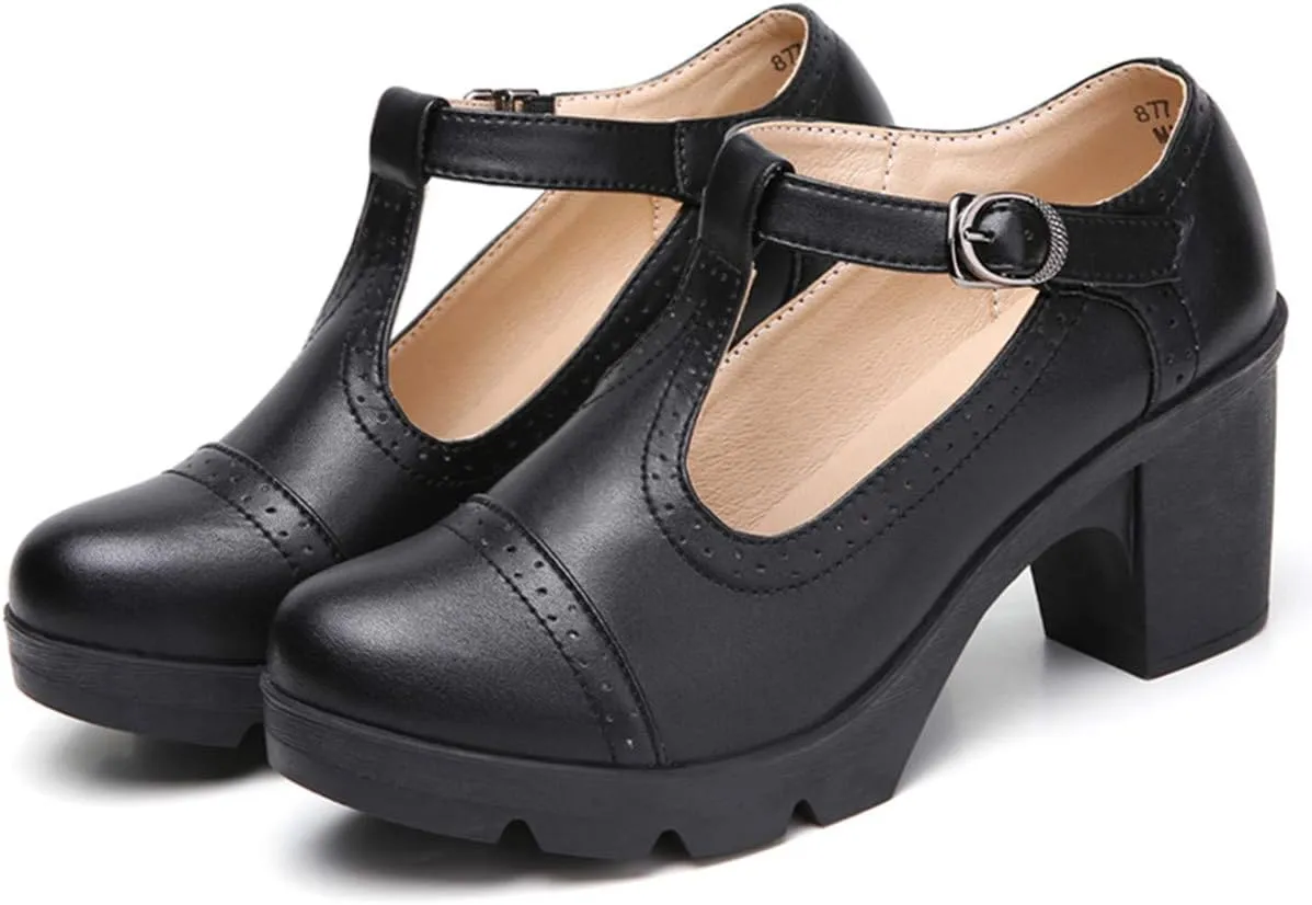 DADAWEN Women's Leather Classic T-Strap Platform Chunky Mid-Heel Mary Jane Square Toe Oxfords Dress Pump Shoes