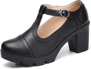 DADAWEN Women's Leather Classic T-Strap Platform Chunky Mid-Heel Mary Jane Square Toe Oxfords Dress Pump Shoes