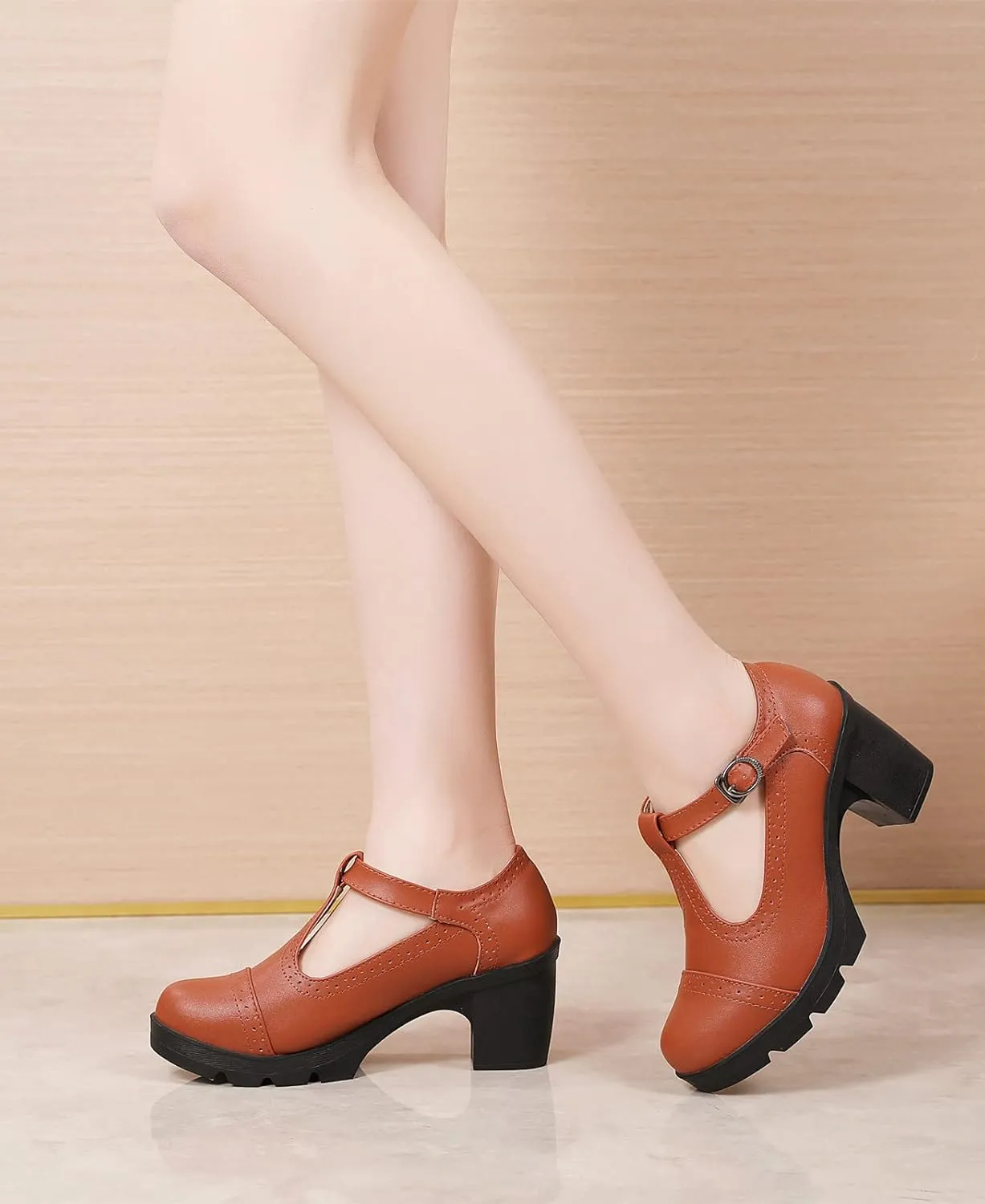 DADAWEN Women's Leather Classic T-Strap Platform Chunky Mid-Heel Mary Jane Square Toe Oxfords Dress Pump Shoes