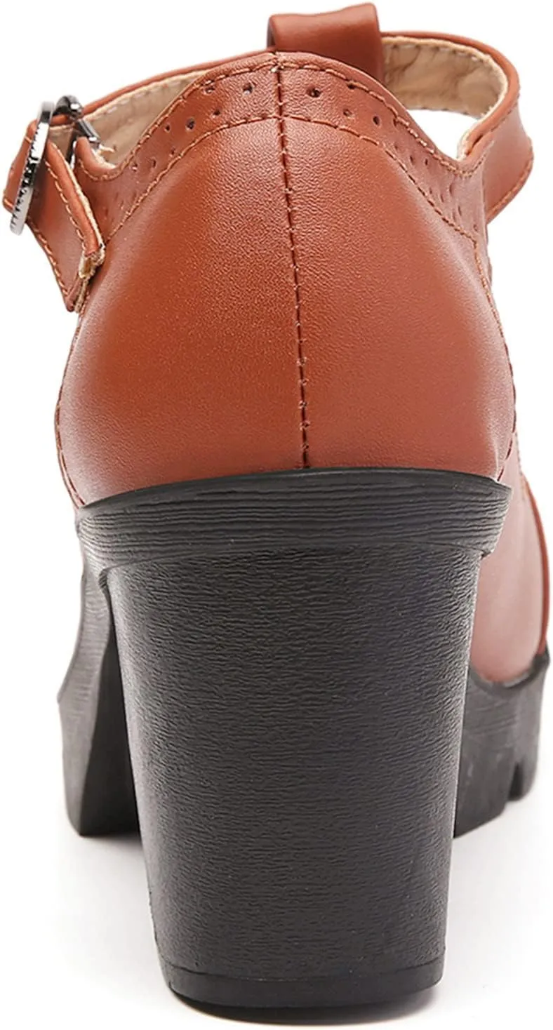 DADAWEN Women's Leather Classic T-Strap Platform Chunky Mid-Heel Mary Jane Square Toe Oxfords Dress Pump Shoes