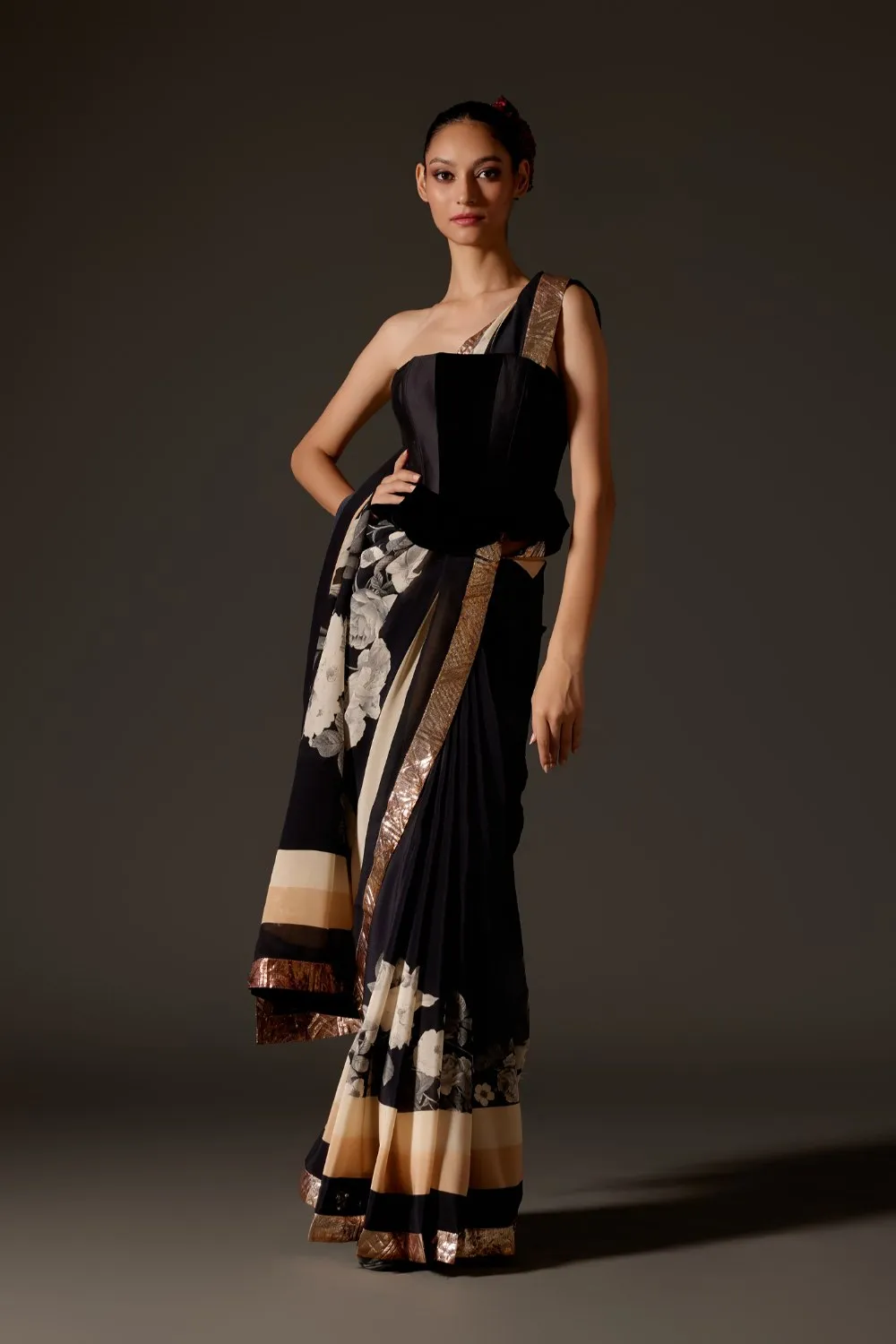 Elegant Black & Ivory Crepe Saree
