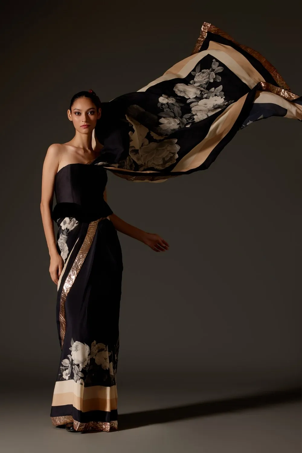 Elegant Black & Ivory Crepe Saree