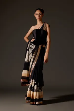 Elegant Black & Ivory Crepe Saree