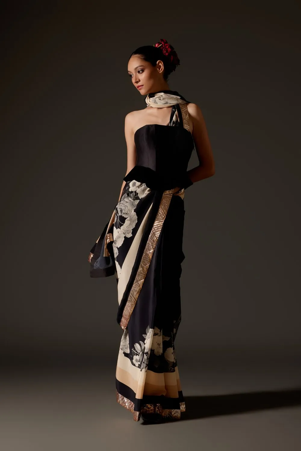 Elegant Black & Ivory Crepe Saree