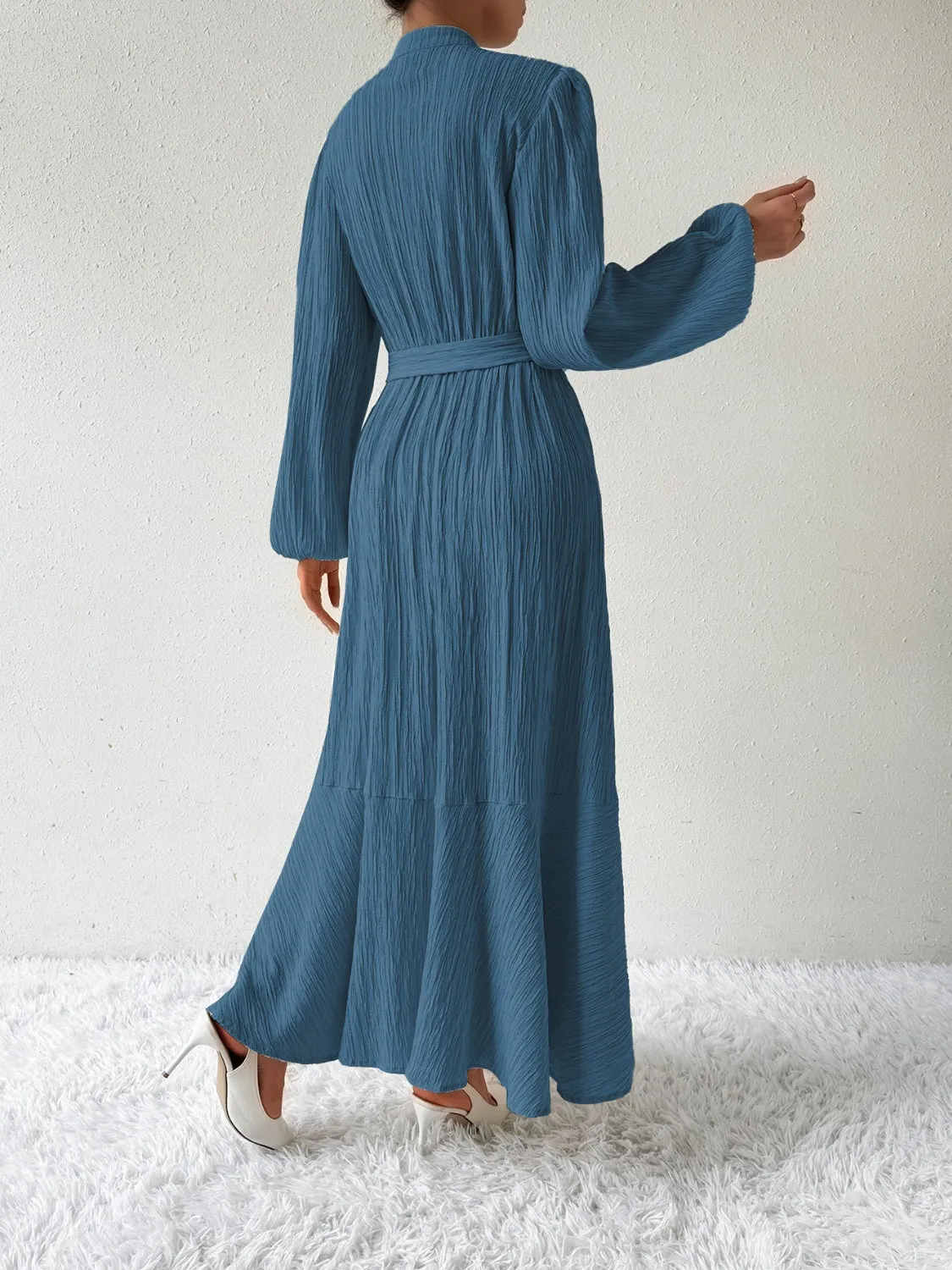 Elegant Pleated Maxi Dress | Belted & Buttoned Style